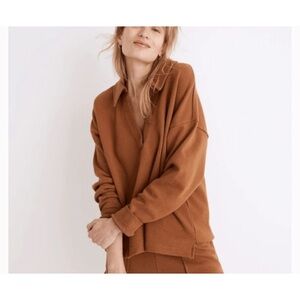 Madewell Cotton-Hemp Oversized Polo Sweatshirt Brown XS Nutmeg brown Clean Girl